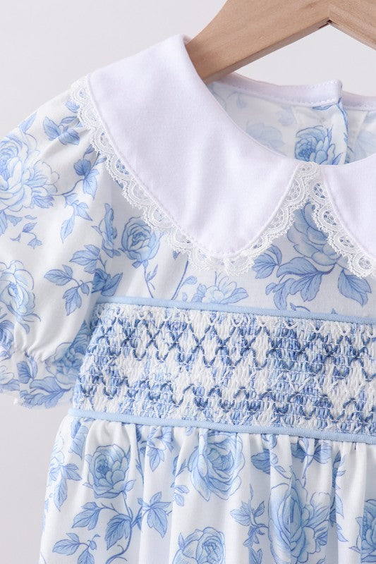 Blue Floral Smocked Diaper Set
