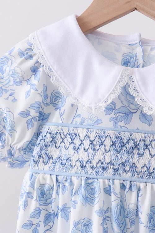 Blue Floral Smocked Diaper Set