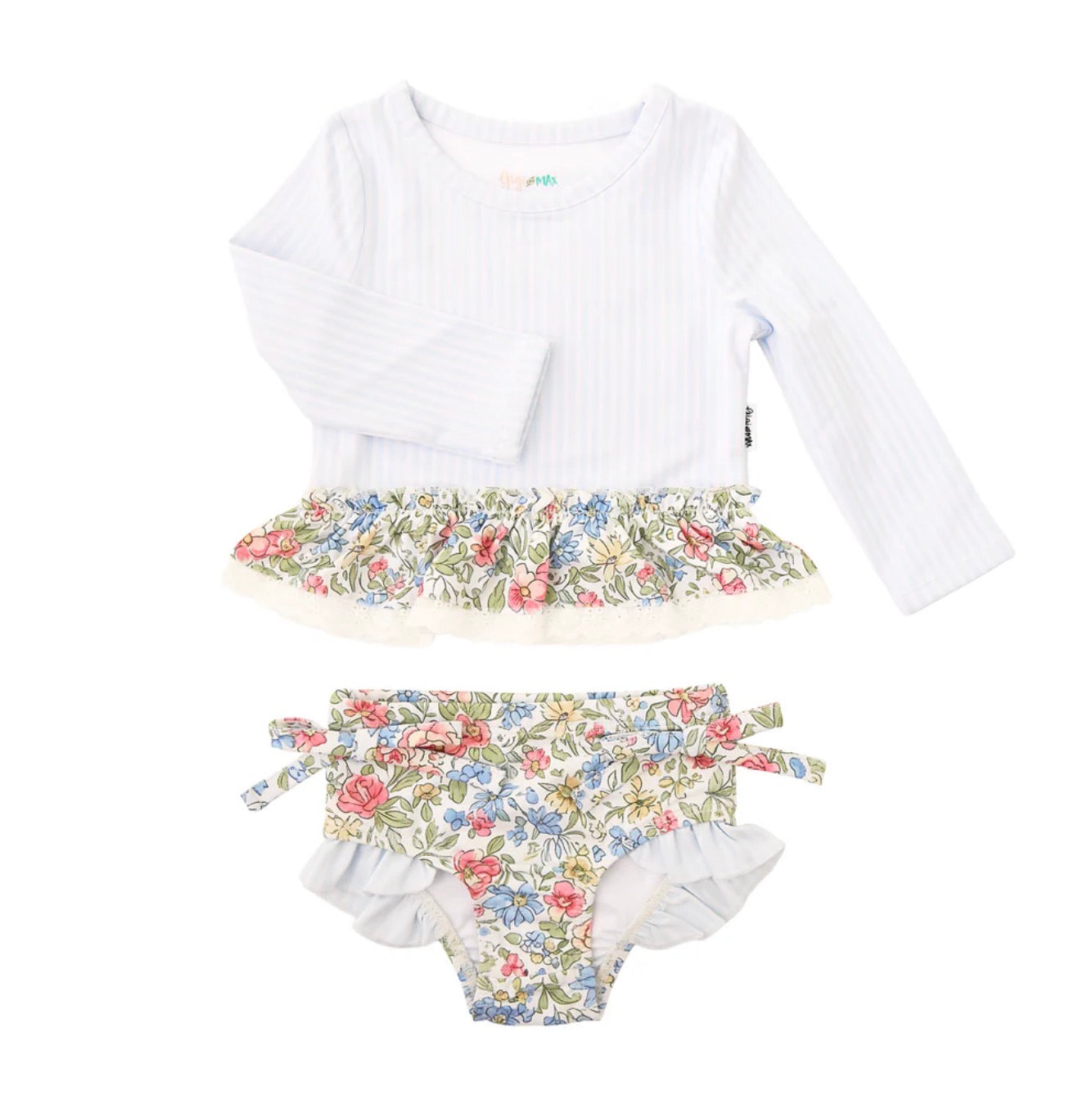 Stripe Floral Rash Guard Two Piece Swim