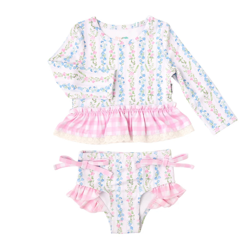 Gingham Floral Rash Guard Two Piece Swim