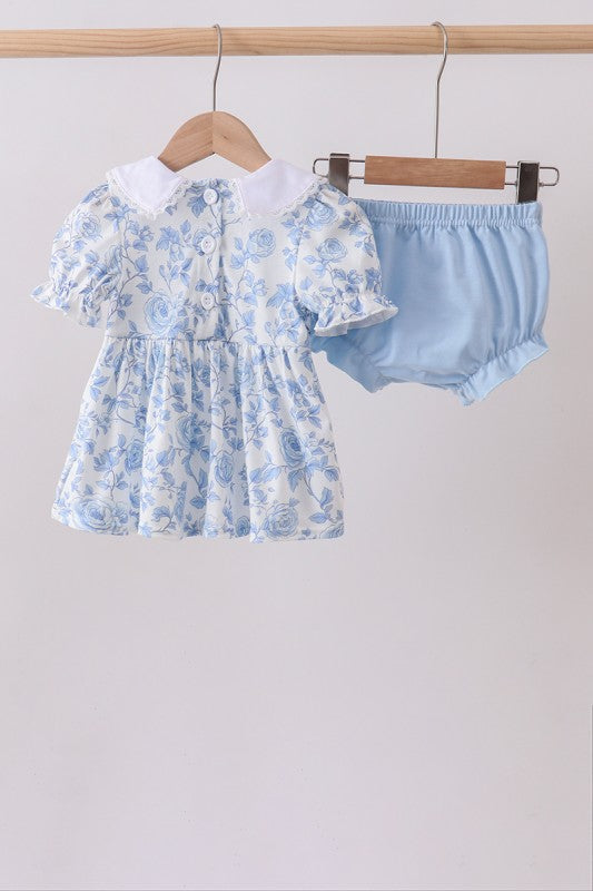 Blue Floral Smocked Diaper Set