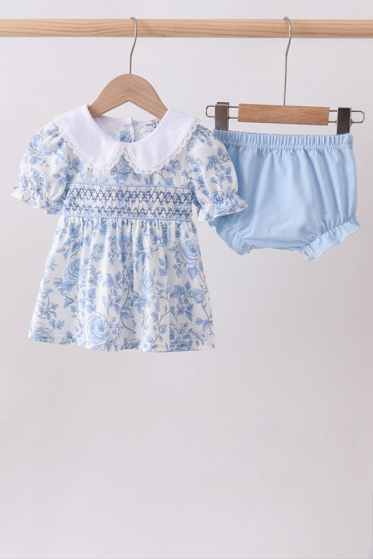 Blue Floral Smocked Diaper Set